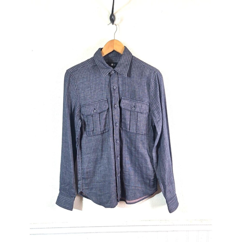 7 For All Mankind Mens XS Blue Gray Check Button Front Shirt Long Sleeve Cotton